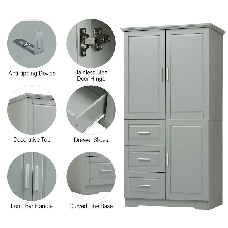 Armoire de rangement haute et large avec portes pour salle de bain/bureau, trois tiroirs - N/A