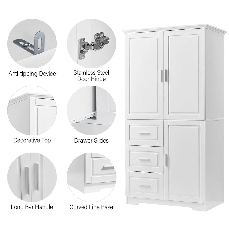 Armoire de rangement haute et large avec portes pour salle de bain/bureau, trois tiroirs - N/A