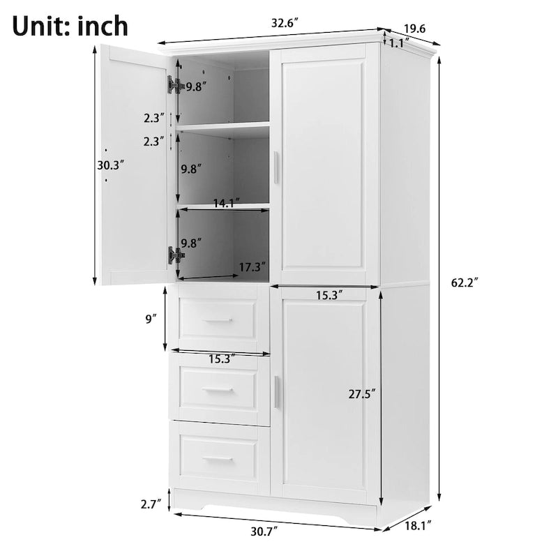 Armoire de rangement haute et large avec portes pour salle de bain/bureau, trois tiroirs - N/A