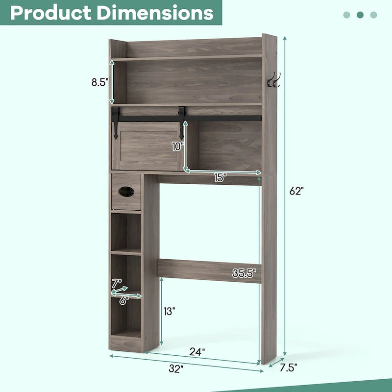 Armoire de rangement Gymax à installer au-dessus des toilettes avec porte coulissante de style grange, réglable