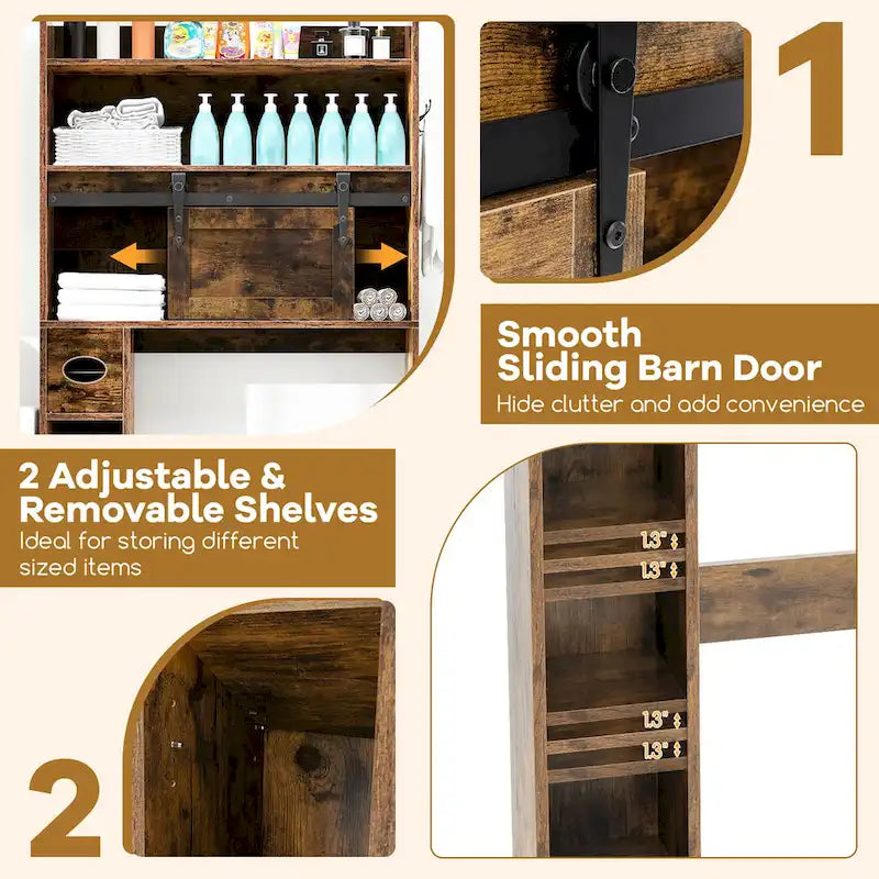Armoire de rangement Gymax à installer au-dessus des toilettes avec porte coulissante de style grange, réglable