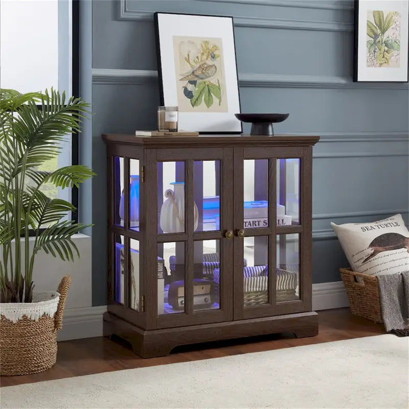 Vitrine vitrine LED en verre pour objets anciens avec portes à treillis