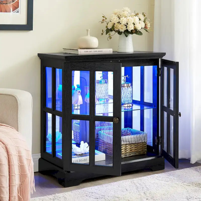 Vitrine vitrine LED en verre pour objets anciens avec portes à treillis