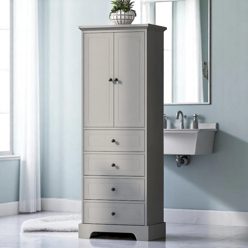 Meuble de salle de bain blanc autoportant avec 4 tiroirs et 2 portes, étagère réglable, unité de rangement en MDF imperméable