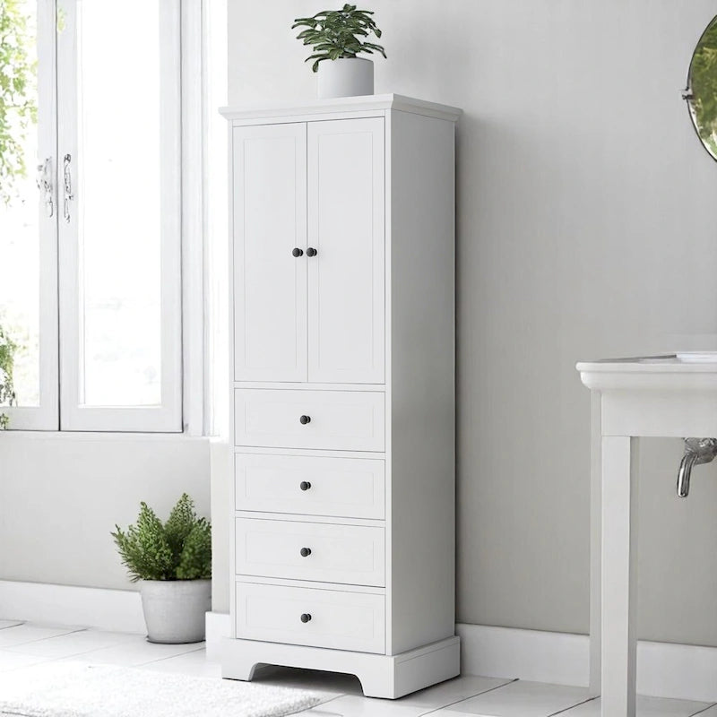 Meuble de salle de bain blanc autoportant avec 4 tiroirs et 2 portes, étagère réglable, unité de rangement en MDF imperméable