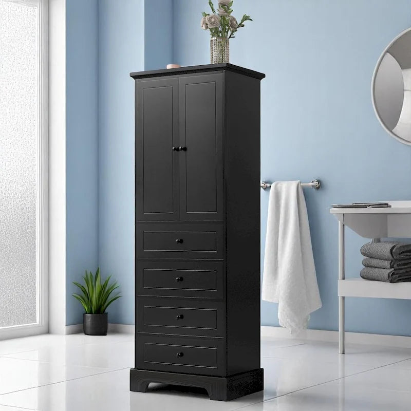 Meuble de salle de bain blanc autoportant avec 4 tiroirs et 2 portes, étagère réglable, unité de rangement en MDF imperméable
