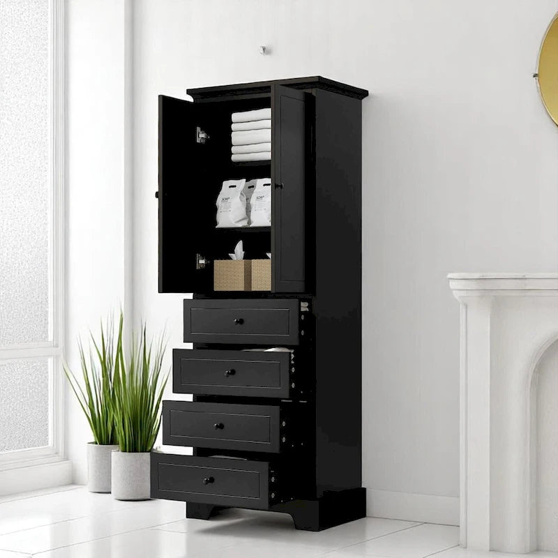 Meuble de salle de bain blanc autoportant avec 4 tiroirs et 2 portes, étagère réglable, unité de rangement en MDF imperméable