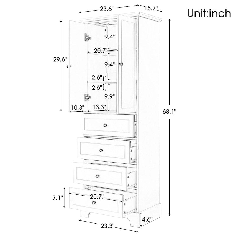 Meuble de salle de bain blanc autoportant avec 4 tiroirs et 2 portes, étagère réglable, unité de rangement en MDF imperméable