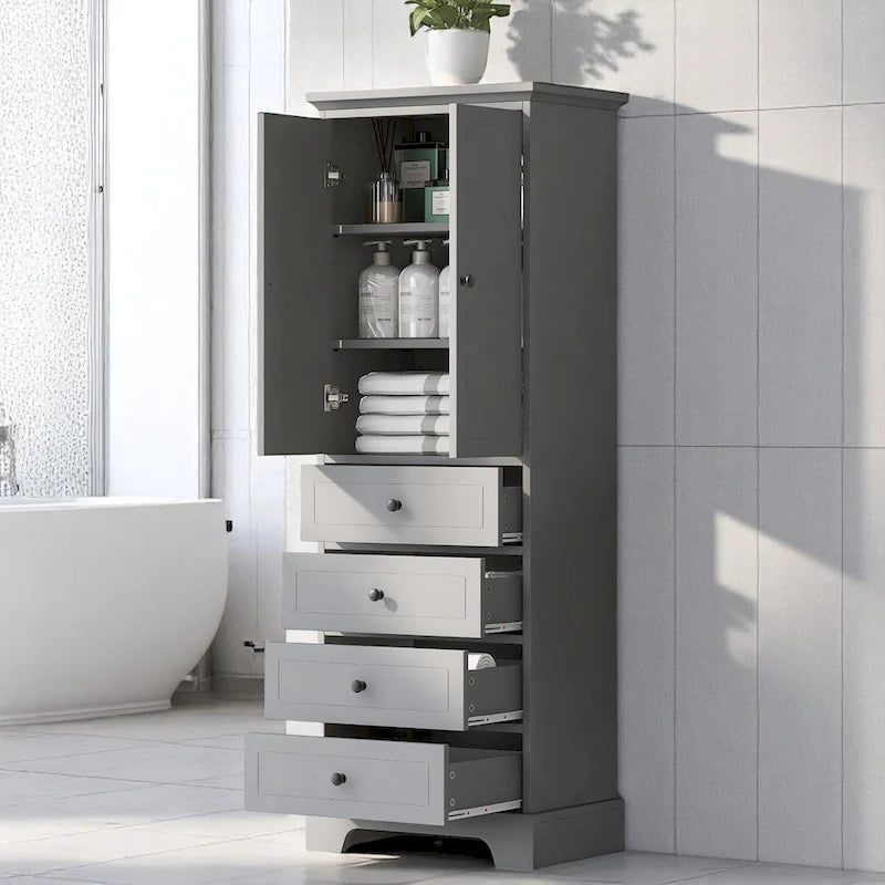 Meuble de salle de bain blanc autoportant avec 4 tiroirs et 2 portes, étagère réglable, unité de rangement en MDF imperméable
