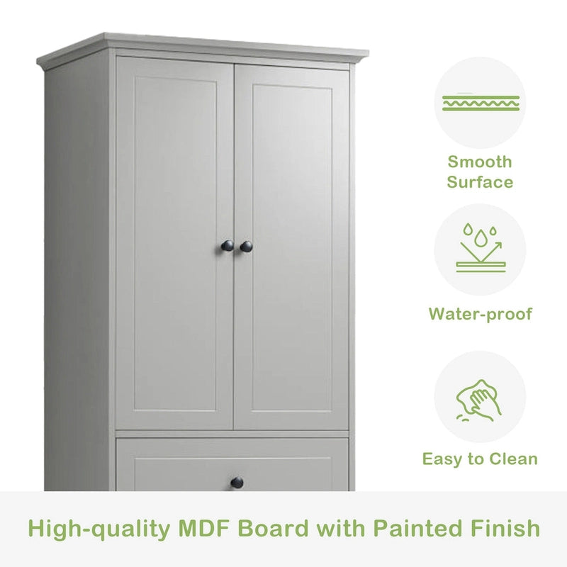 Meuble de salle de bain blanc autoportant avec 4 tiroirs et 2 portes, étagère réglable, unité de rangement en MDF imperméable