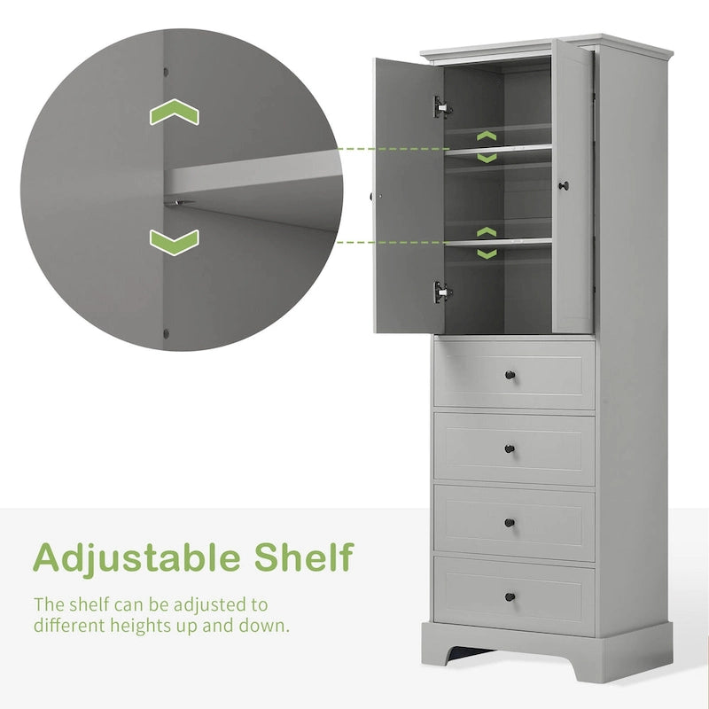 Meuble de salle de bain blanc autoportant avec 4 tiroirs et 2 portes, étagère réglable, unité de rangement en MDF imperméable