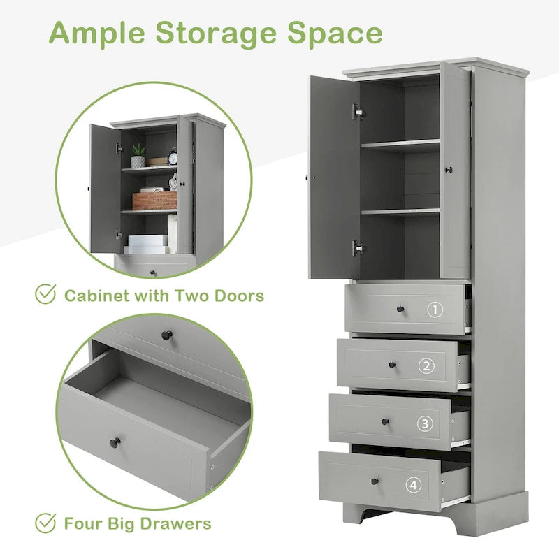 Meuble de salle de bain blanc autoportant avec 4 tiroirs et 2 portes, étagère réglable, unité de rangement en MDF imperméable