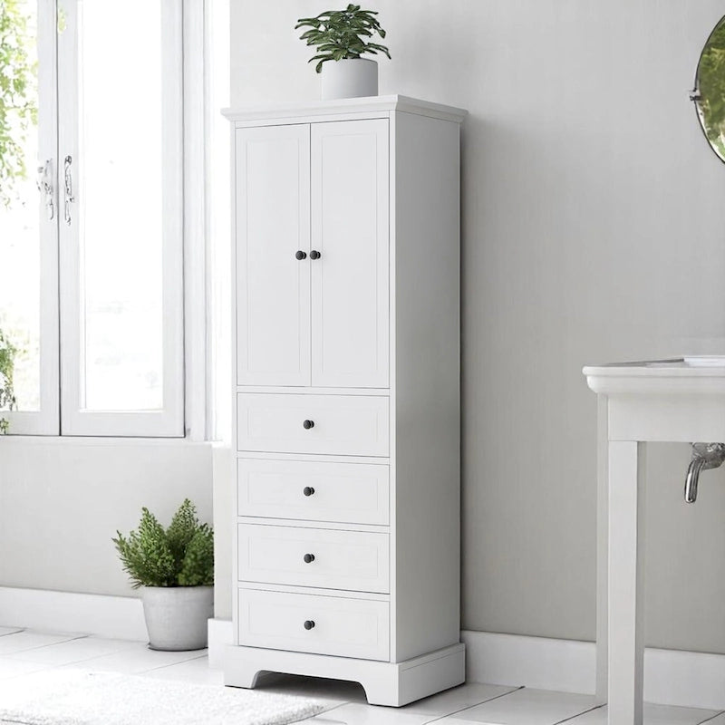 Meuble de salle de bain blanc autoportant avec 4 tiroirs et 2 portes, étagère réglable, unité de rangement en MDF imperméable