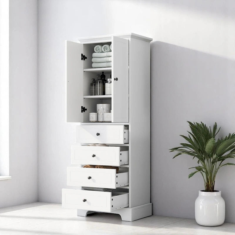 Meuble de salle de bain blanc autoportant avec 4 tiroirs et 2 portes, étagère réglable, unité de rangement en MDF imperméable
