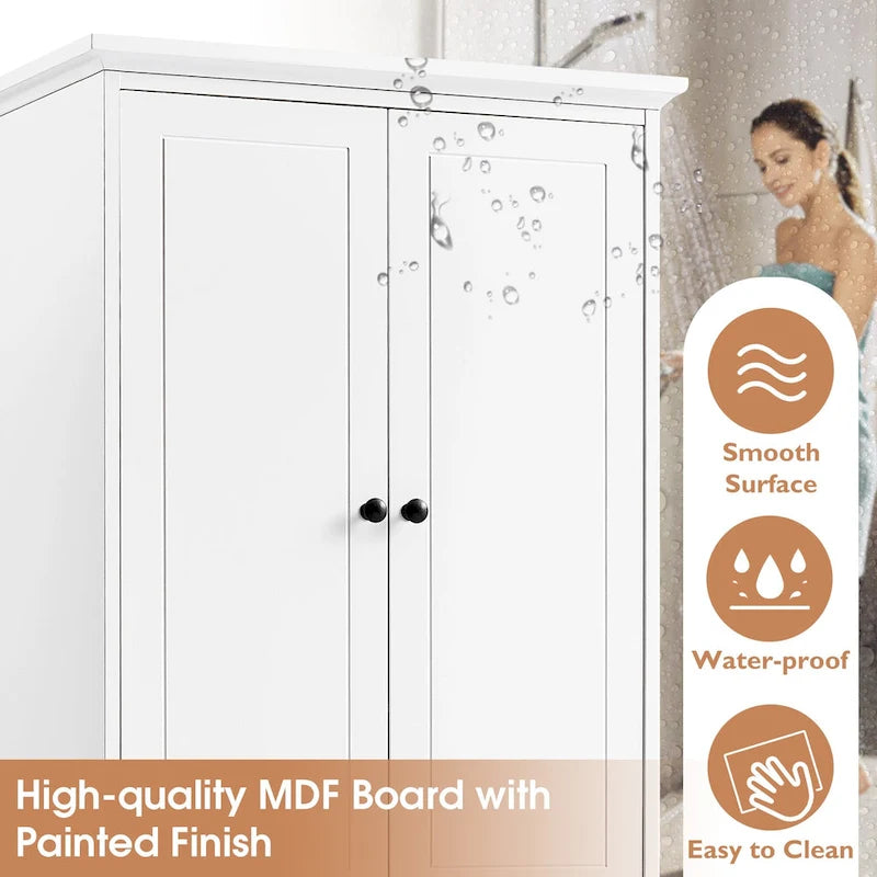Meuble de salle de bain blanc autoportant avec 4 tiroirs et 2 portes, étagère réglable, unité de rangement en MDF imperméable