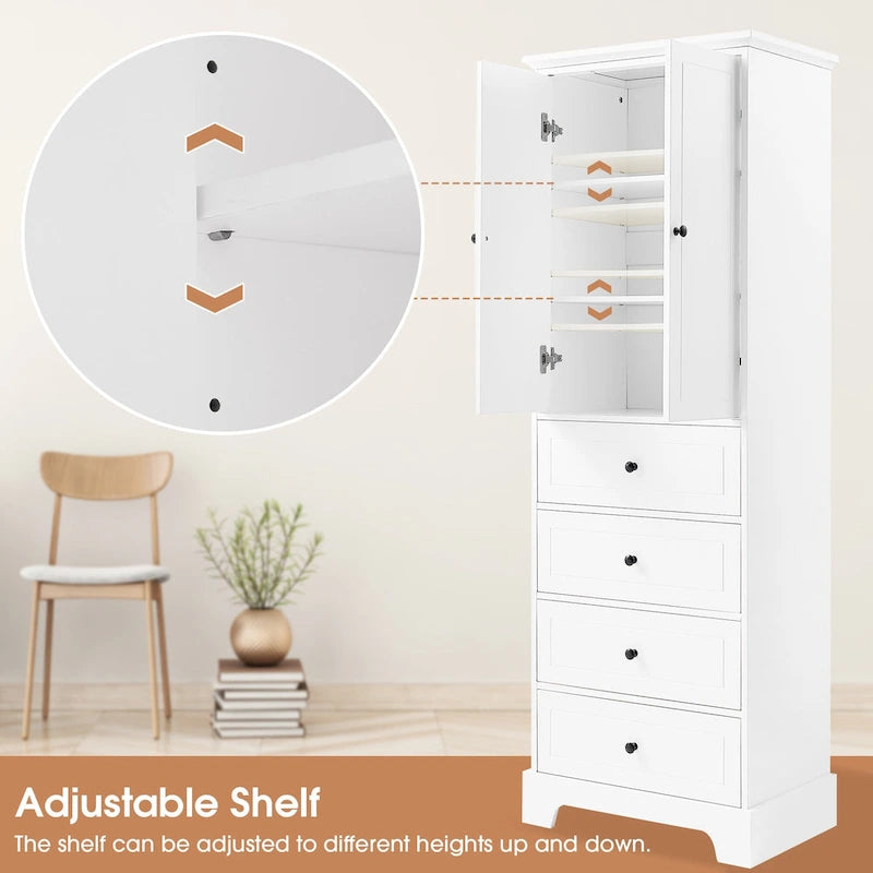 Meuble de salle de bain blanc autoportant avec 4 tiroirs et 2 portes, étagère réglable, unité de rangement en MDF imperméable