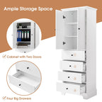 Meuble de salle de bain blanc autoportant avec 4 tiroirs et 2 portes, étagère réglable, unité de rangement en MDF imperméable