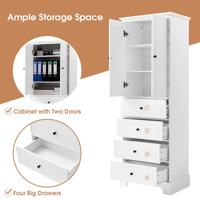 Meuble de salle de bain blanc autoportant avec 4 tiroirs et 2 portes, étagère réglable, unité de rangement en MDF imperméable