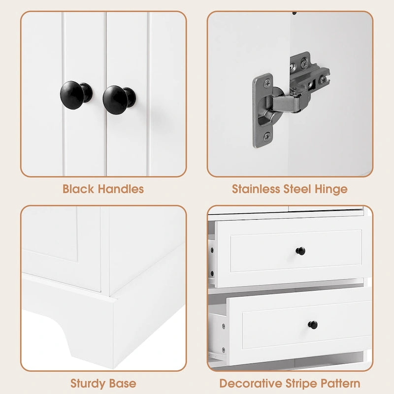 Meuble de salle de bain blanc autoportant avec 4 tiroirs et 2 portes, étagère réglable, unité de rangement en MDF imperméable
