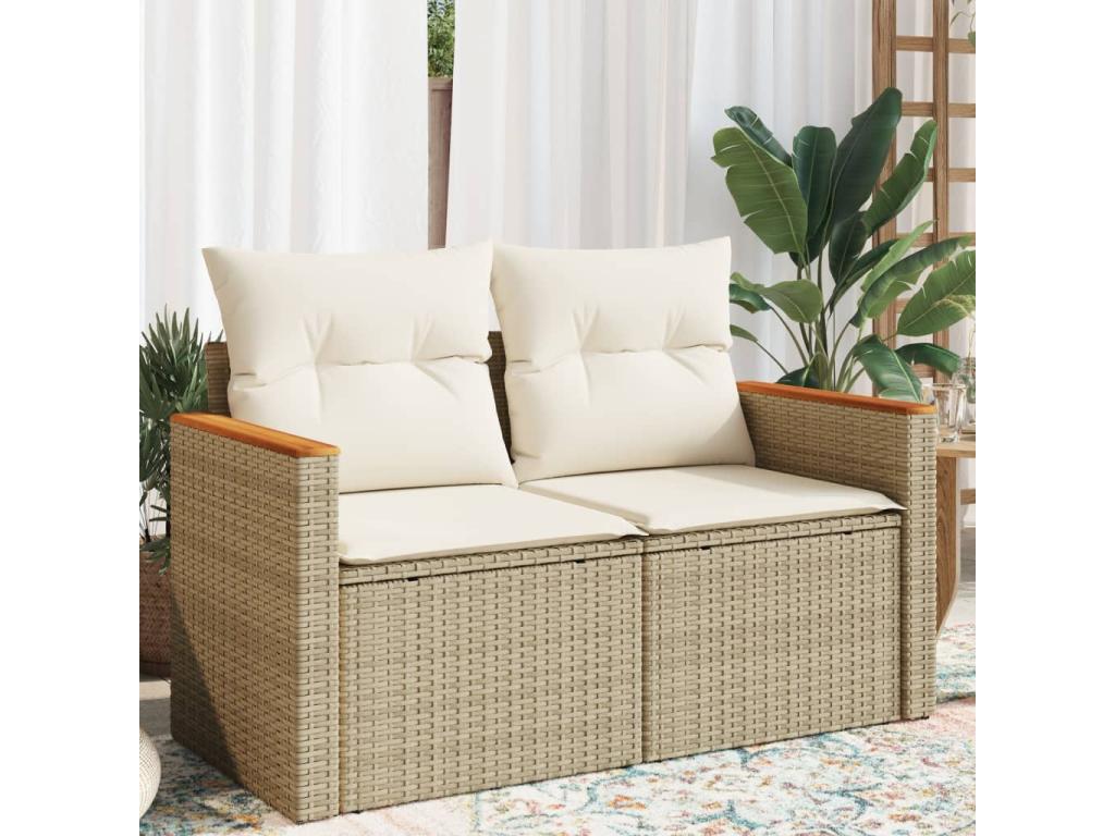 Canap¨¦ de jardin avec coussins 2 places beige r¨¦sine tress¨¦e