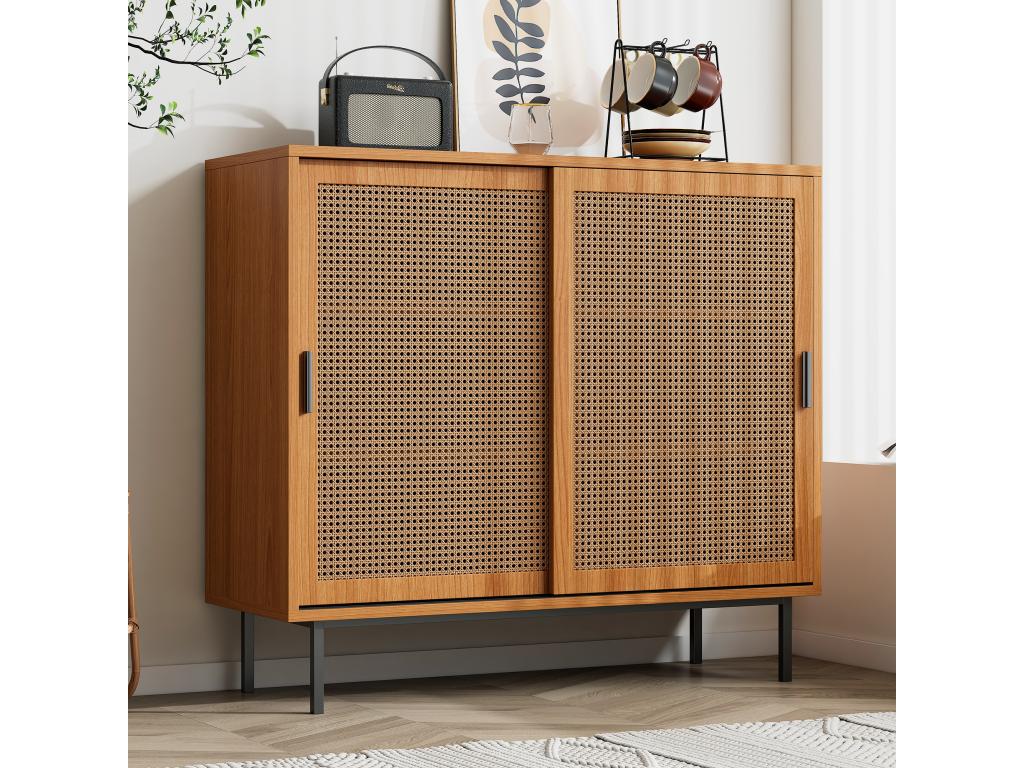 Buffet 2 portes coulissantes et ¨¦tag¨¨re r¨¦glable - 100x 90x37 cm - Panneaux de particules - Noyer