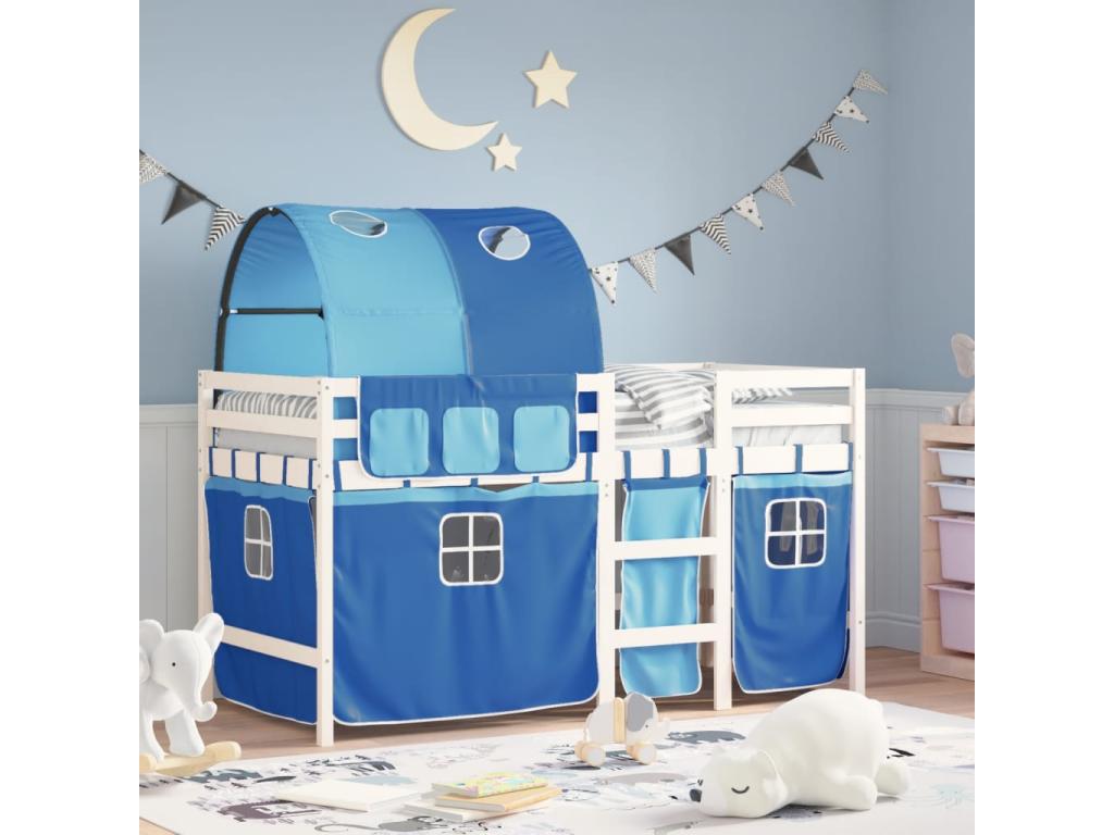 Lit mezzanine enfant avec tunnel bleu 80x200 bois pin massif