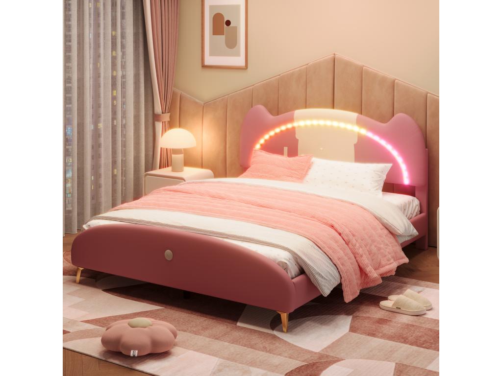 Lit enfant 140x200cm lit double avec sommier ¨¤ Vertchez et tête de lit avec bandes LED cuir PU beige rose