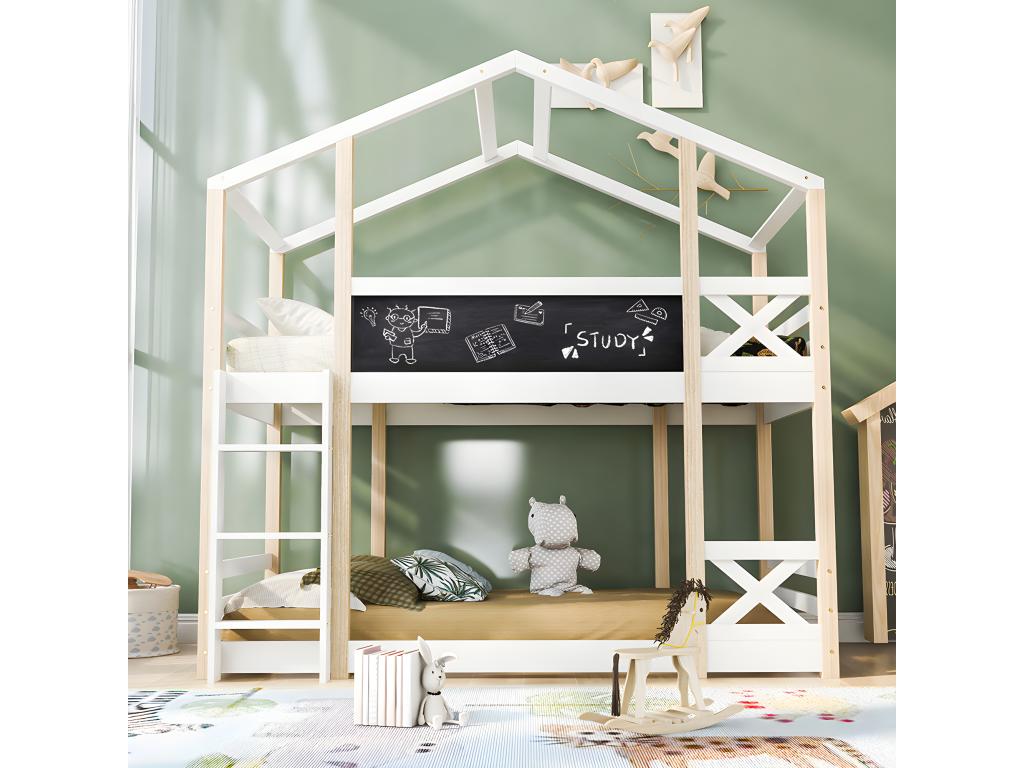 Lit d'enfant cabane avec ¨¦chelle 90x200 cm Lit sur¨¦lev¨¦ pour enfants- 2x sommier ¨¤ Vertchez- Nature / Blanc