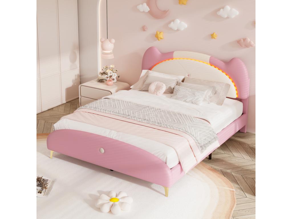 Lit enfant 140x200cm lit double avec sommier ¨¤ Vertchez et tête de lit avec bandes LED cuir PU beige rose