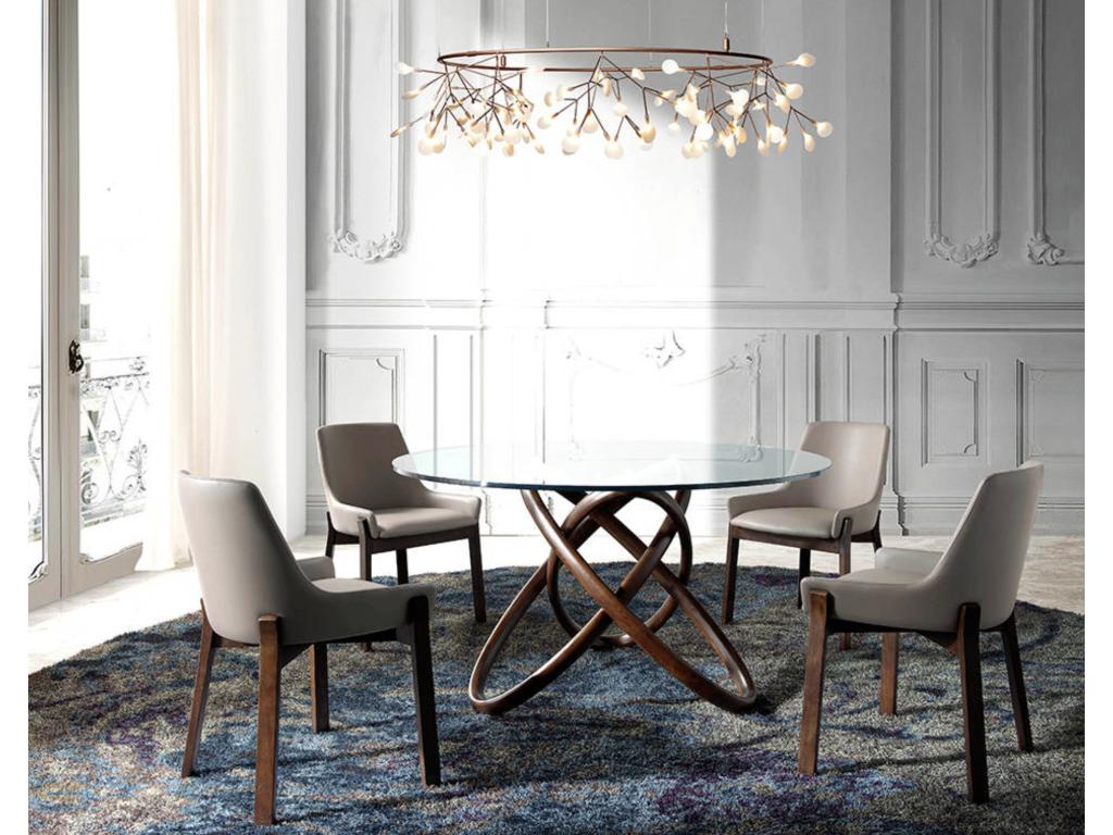 Table à manger ronde design en bois couleur noyer et verre transparent Artista-Diam¨tre 140 cm