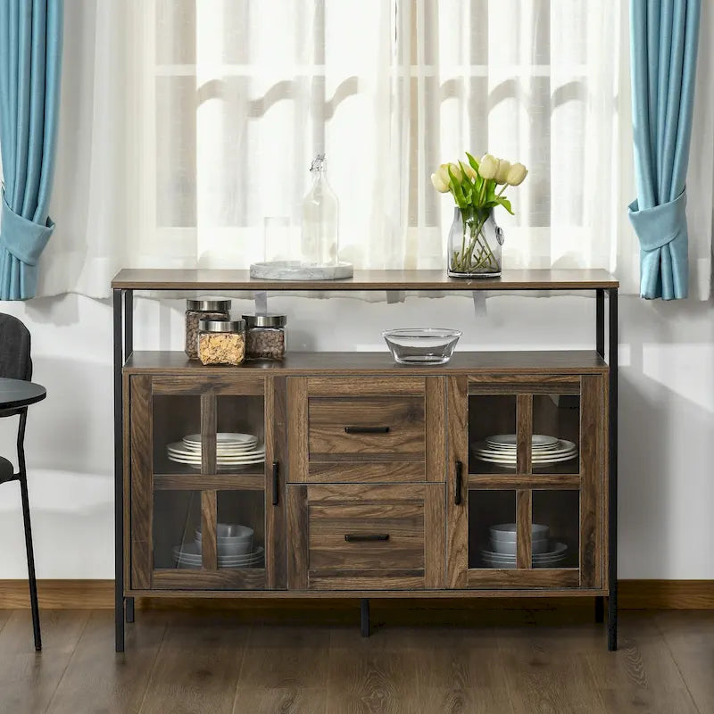 Buffet de cuisine rustique HOMCOM, meuble de service avec étagères réglables, portes vitrées et 2 tiroirs