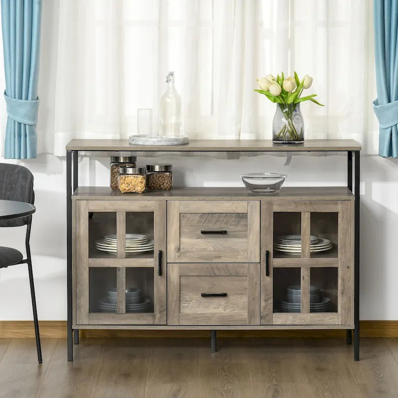 Buffet de cuisine rustique HOMCOM, meuble de service avec étagères réglables, portes vitrées et 2 tiroirs