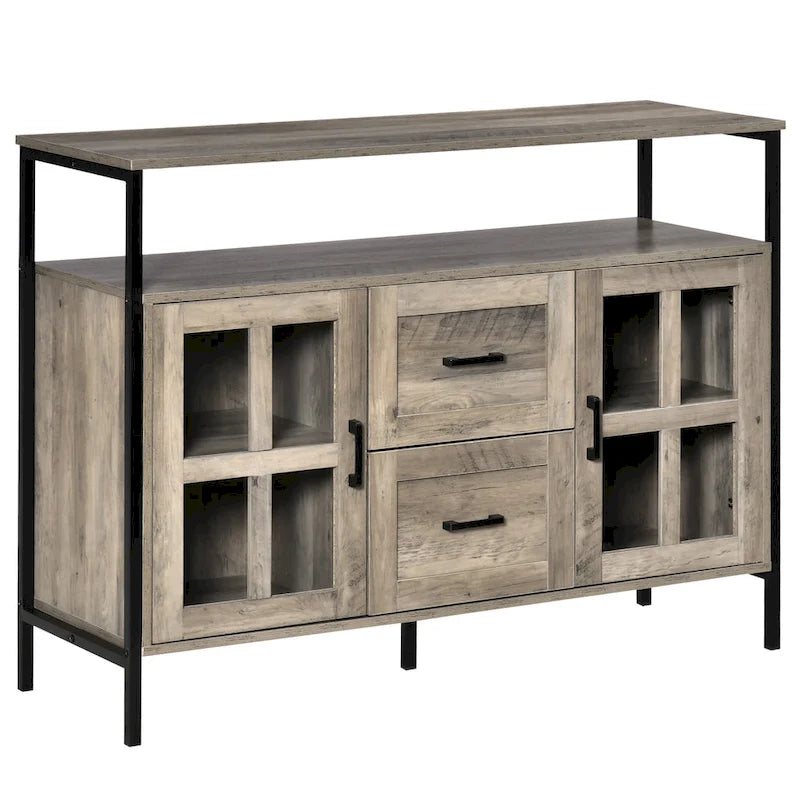 Buffet de cuisine rustique HOMCOM, meuble de service avec étagères réglables, portes vitrées et 2 tiroirs