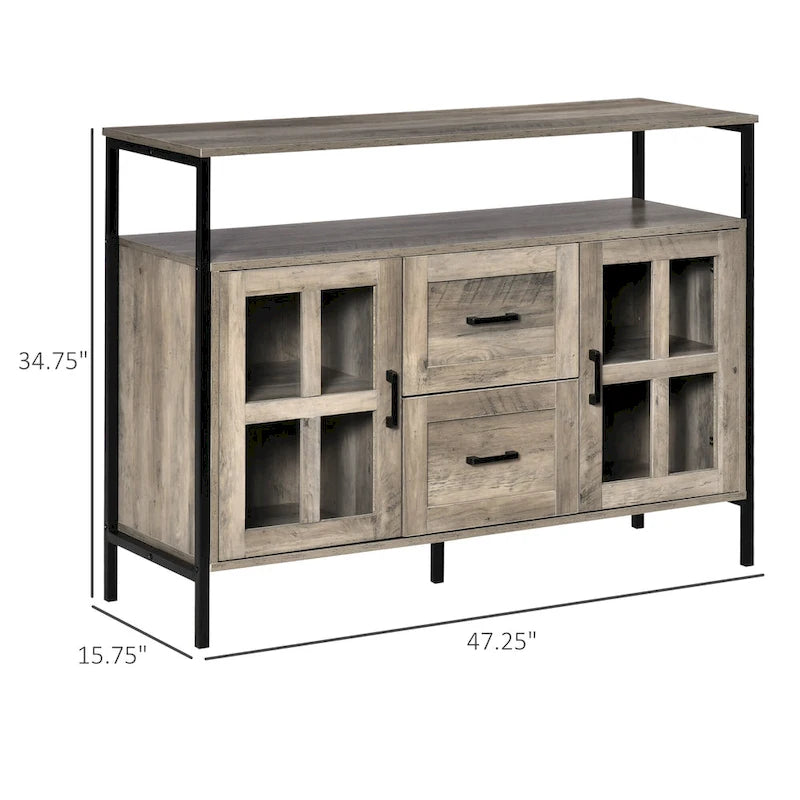 Buffet de cuisine rustique HOMCOM, meuble de service avec étagères réglables, portes vitrées et 2 tiroirs