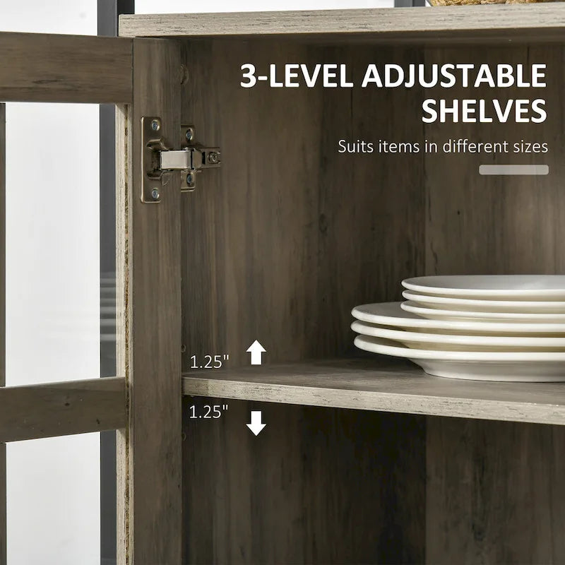 Buffet de cuisine rustique HOMCOM, meuble de service avec étagères réglables, portes vitrées et 2 tiroirs