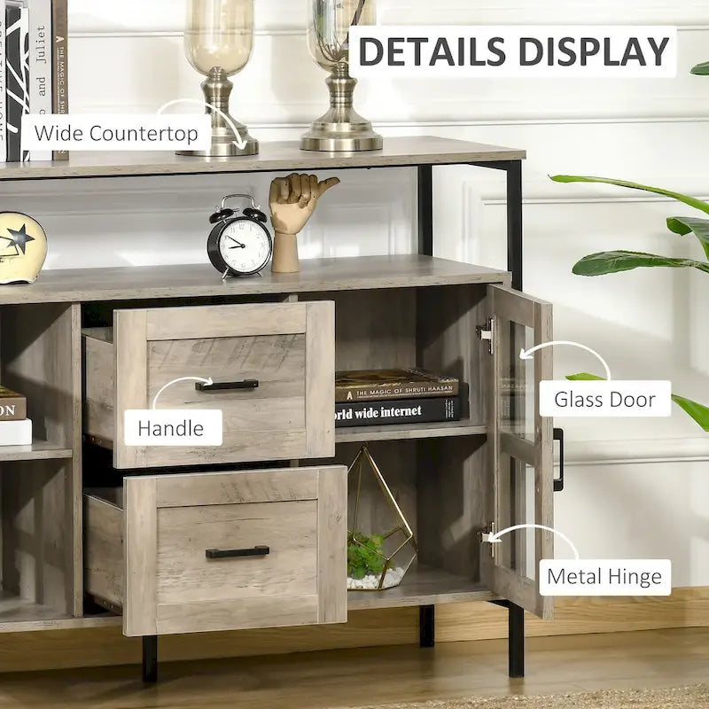Buffet de cuisine rustique HOMCOM, meuble de service avec étagères réglables, portes vitrées et 2 tiroirs