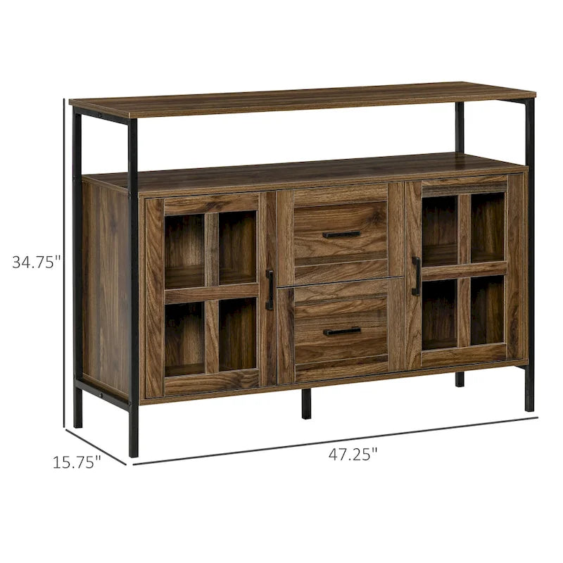 Buffet de cuisine rustique HOMCOM, meuble de service avec étagères réglables, portes vitrées et 2 tiroirs