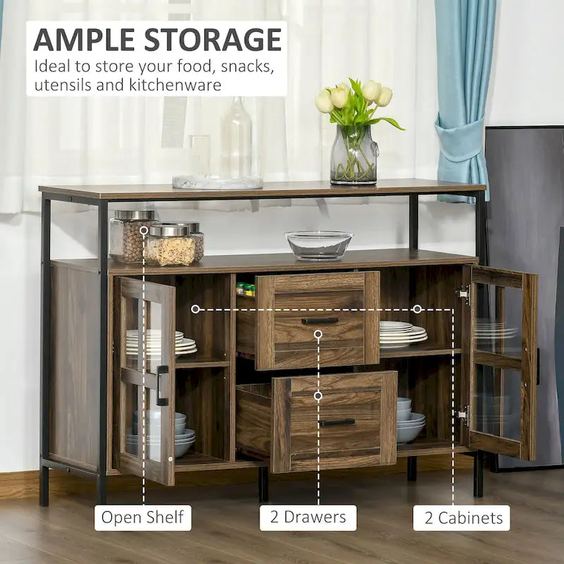 Buffet de cuisine rustique HOMCOM, meuble de service avec étagères réglables, portes vitrées et 2 tiroirs