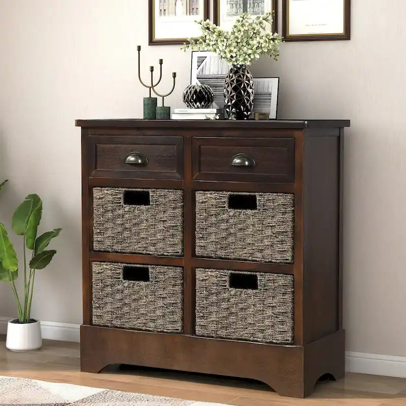 Meuble de rangement rustique avec deux tiroirs et quatre paniers classiques en rotin pour salle à manger/entrée/salon