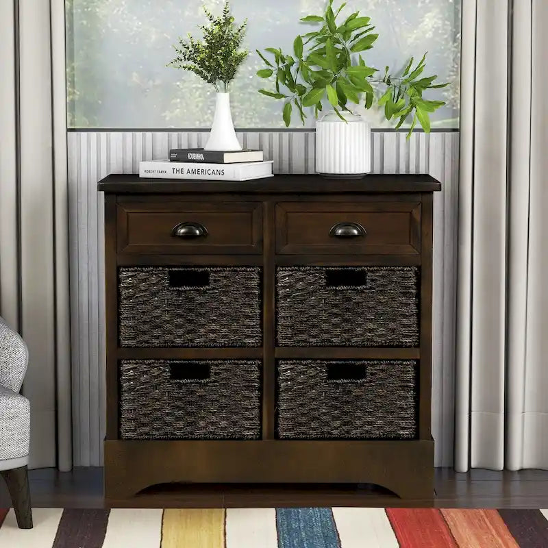 Meuble de rangement rustique avec deux tiroirs et quatre paniers classiques en rotin pour salle à manger/entrée/salon