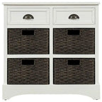 Meuble de rangement rustique avec deux tiroirs et quatre paniers classiques en rotin pour salle à manger/entrée/salon