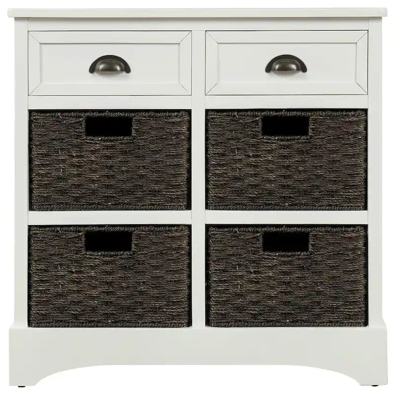 Meuble de rangement rustique avec deux tiroirs et quatre paniers classiques en rotin pour salle à manger/entrée/salon