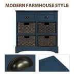 Meuble de rangement rustique avec deux tiroirs et quatre paniers classiques en rotin pour salle à manger/entrée/salon