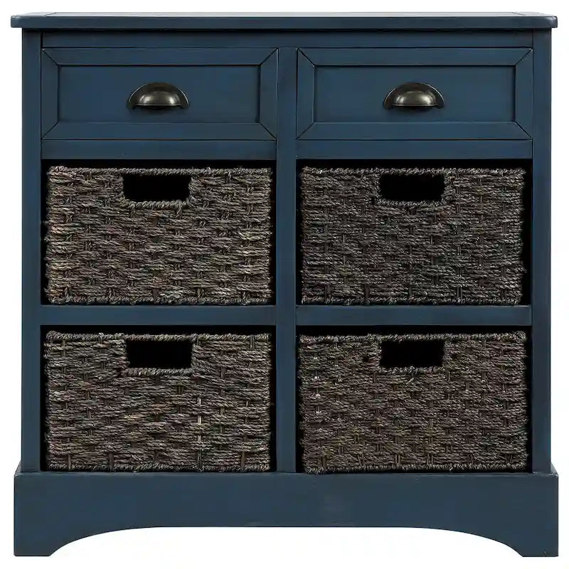Meuble de rangement rustique avec deux tiroirs et quatre paniers classiques en rotin pour salle à manger/entrée/salon