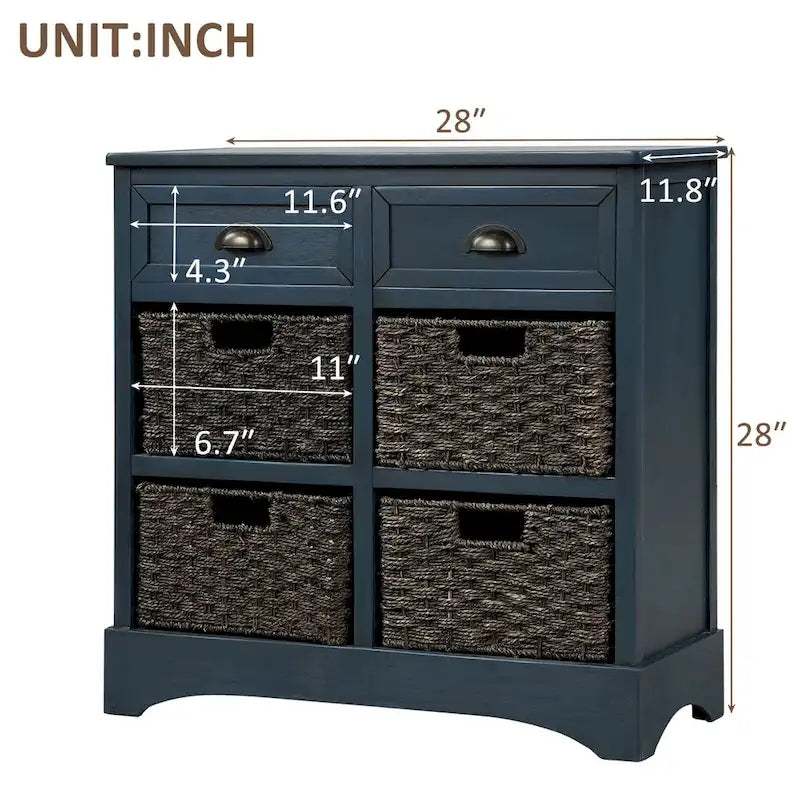 Meuble de rangement rustique avec deux tiroirs et quatre paniers classiques en rotin pour salle à manger/entrée/salon