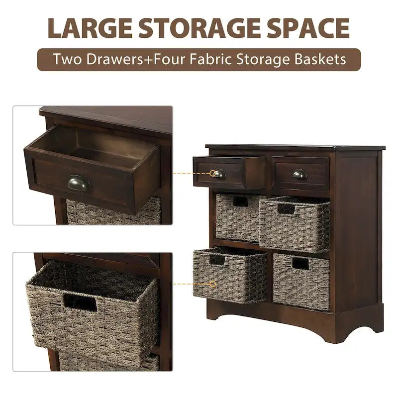 Meuble de rangement rustique avec deux tiroirs et quatre paniers classiques en rotin pour salle à manger/entrée/salon