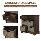 Meuble de rangement rustique avec deux tiroirs et quatre paniers classiques en rotin pour salle à manger/entrée/salon