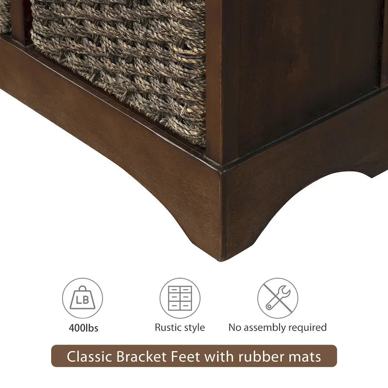 Meuble de rangement rustique avec deux tiroirs et quatre paniers classiques en rotin pour salle à manger/entrée/salon