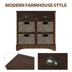 Meuble de rangement rustique avec deux tiroirs et quatre paniers classiques en rotin pour salle à manger/entrée/salon