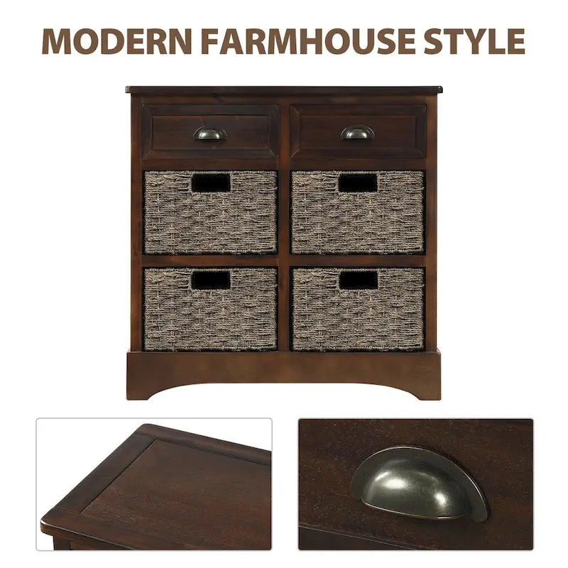 Meuble de rangement rustique avec deux tiroirs et quatre paniers classiques en rotin pour salle à manger/entrée/salon